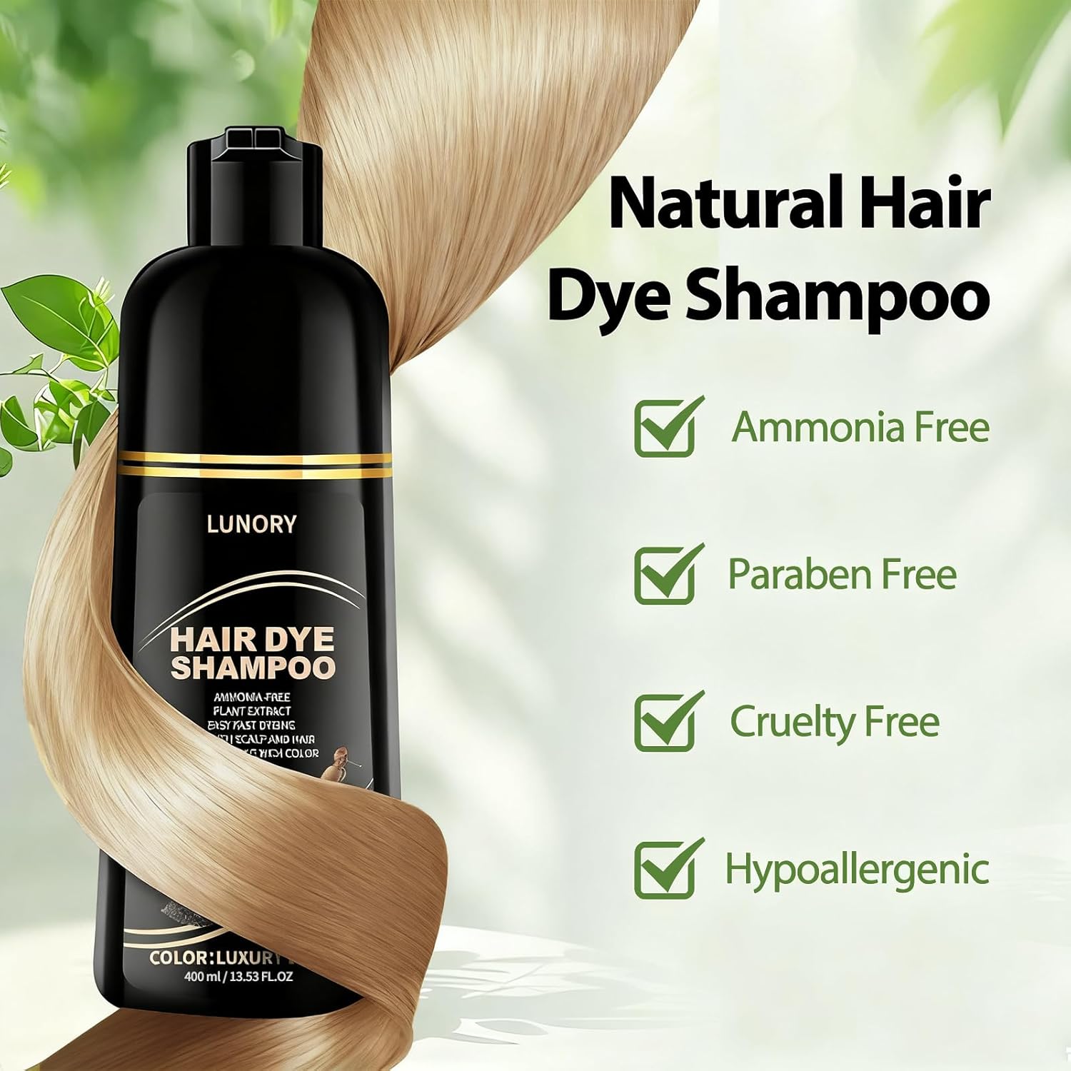 Detalle de Lunory Light Blonde Hair Dye Shampoo for Gray Coverage – 400ml 3-in-1 Color Shampoo
