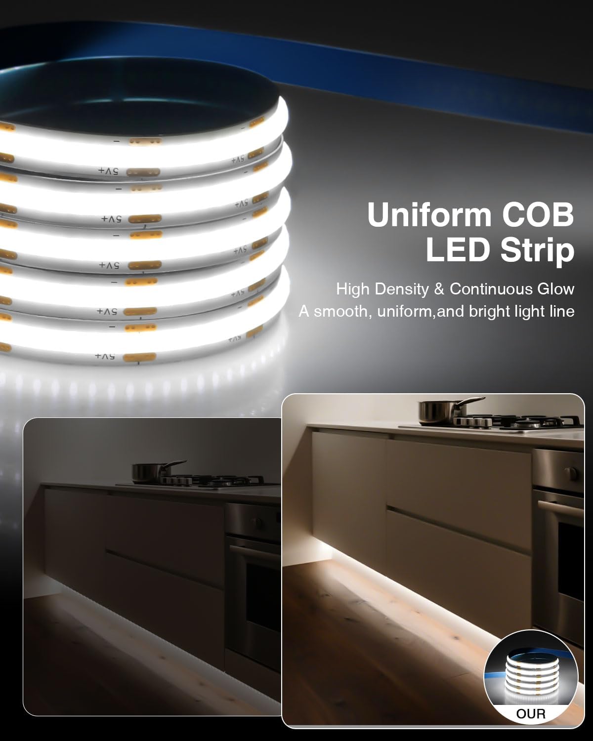 Thumbnail 5 de Aclorol 2M USB COB LED Strip – 4 m insgesamt, 6000K, dimmbar, selbstklebend