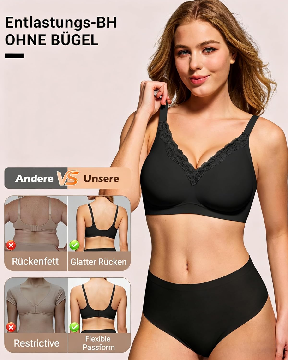 Thumbnail 4 de HORISUN BH Damen ohne Bügel mit V-Ausschnitt und Spitzenbesatz – nahtloser Komfort und vielseitige Trageoptionen