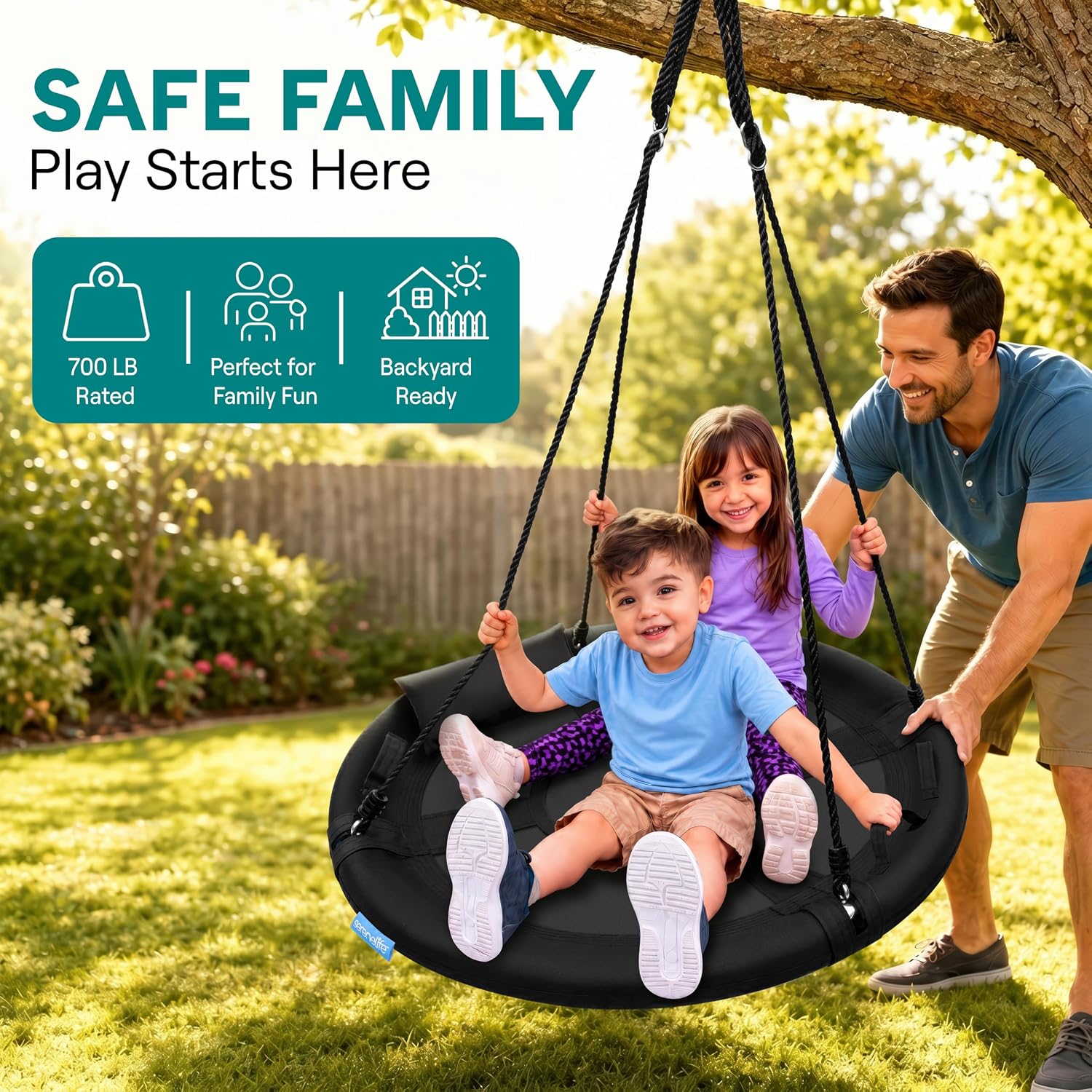 Detalle 2 de SereneLife Saucer Swing: 40-Inch Tree Swing with 700 lb Capacity, 600D Waterproof Seat and Center Spinner