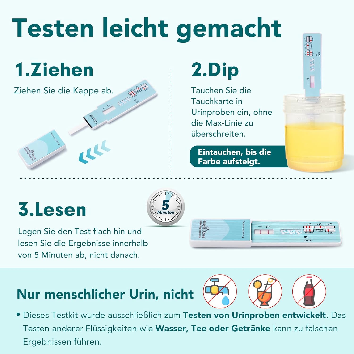Thumbnail 1 de 10x Easy@Home THC-Drogentest Urin (Cannabis/Haschisch) – Einzel-Panel Teststreifen #EDTH-114
