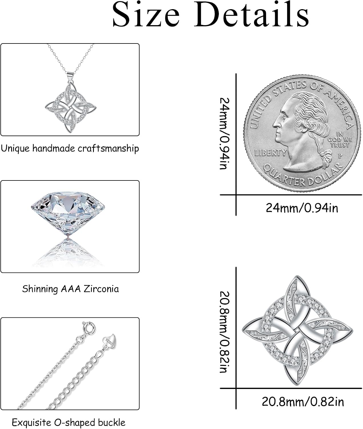 Detalle 2 de J.MUEN Collier femme en argent sterling 925 avec nœud celtique – pendentif + chaîne 45+5 cm