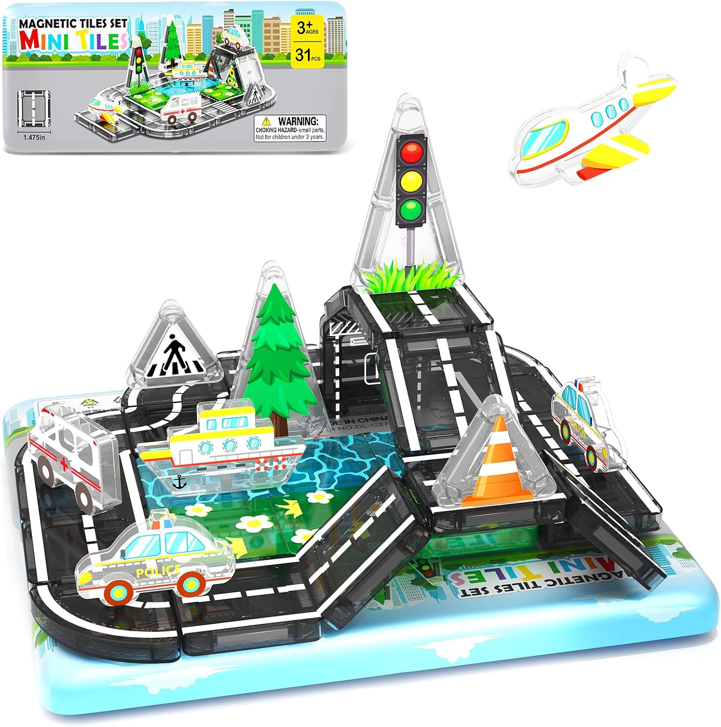Detalle de Road Mini Magnetic Tiles with Case – Travel Toys for 3+ Year Old Boys and Girls