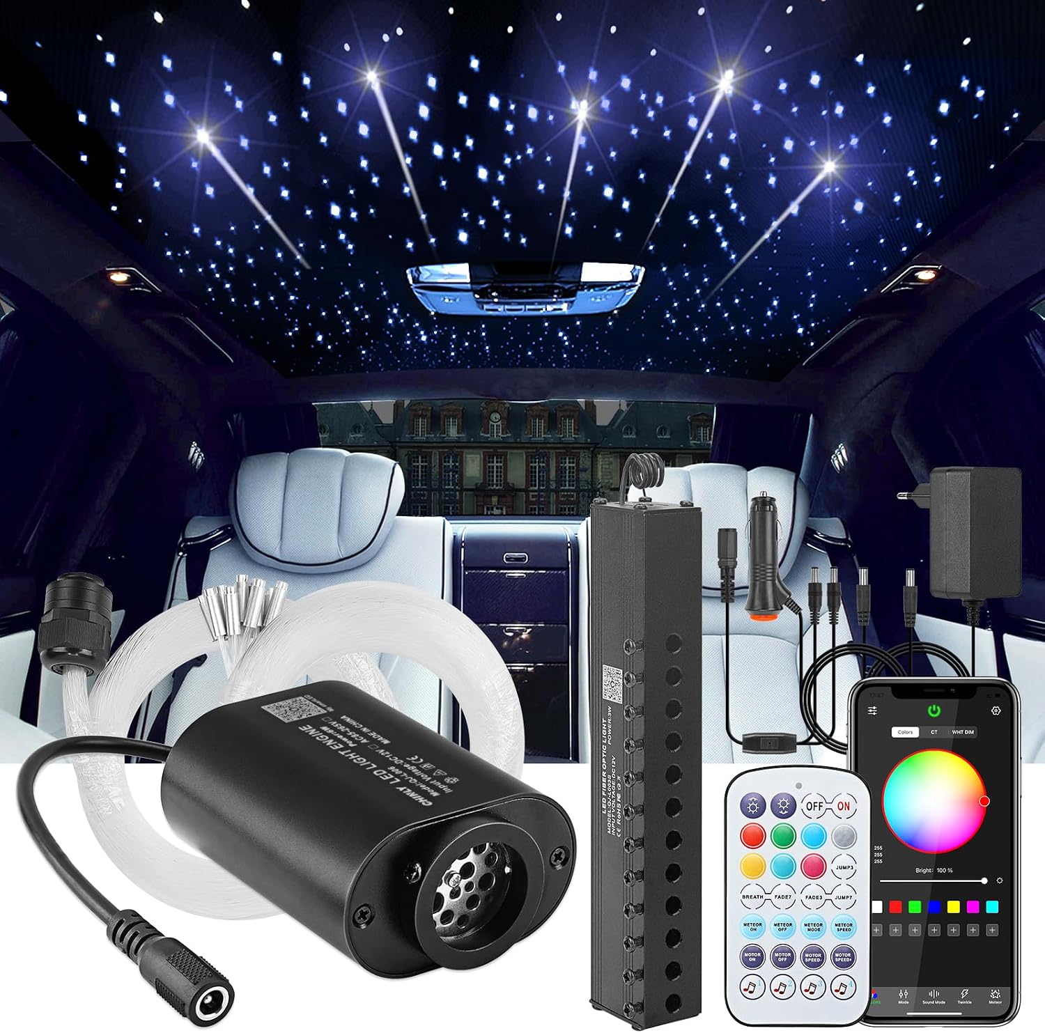 Thumbnail 6 de CHINLY 6W Twinkle Sternenhimmel Glasfaser-Deckenkit mit Bluetooth App, RGBW, Musikaktivierung - 650 Stück 0,75 mm x 3 m