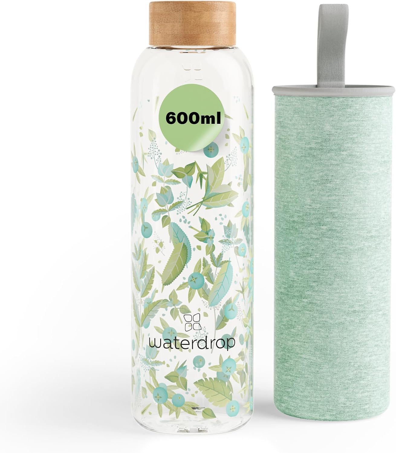 waterdrop Borraccia in Vetro 600ml – design personalizzabile, tappo in bambù e custodietta in neoprene