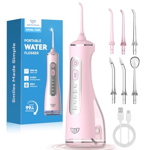 Detalle de JTF Irrigador bucal eléctrico de 300 ml rosa, 3+1 modos y 6 boquillas