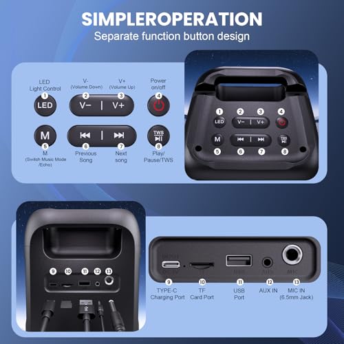 Thumbnail 6 de HEEBUKE Karaoke Maschine mit 2 kabellosen Mikrofonen – Tragbarer Bluetooth Lautsprecher 2x10W