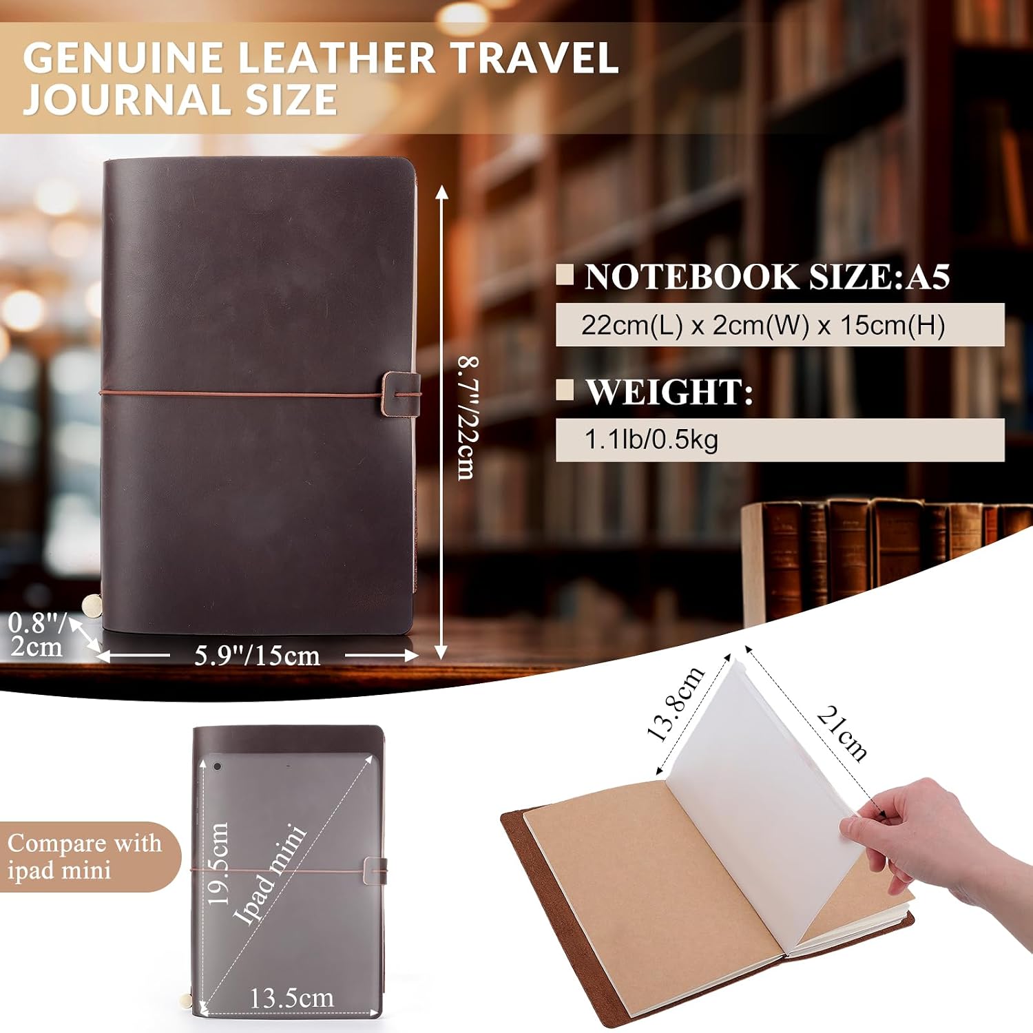 Thumbnail 1 de TIDING Genuine Leather Refillable Travel Journal, A5, 100 GSM Paper, Dark Brown