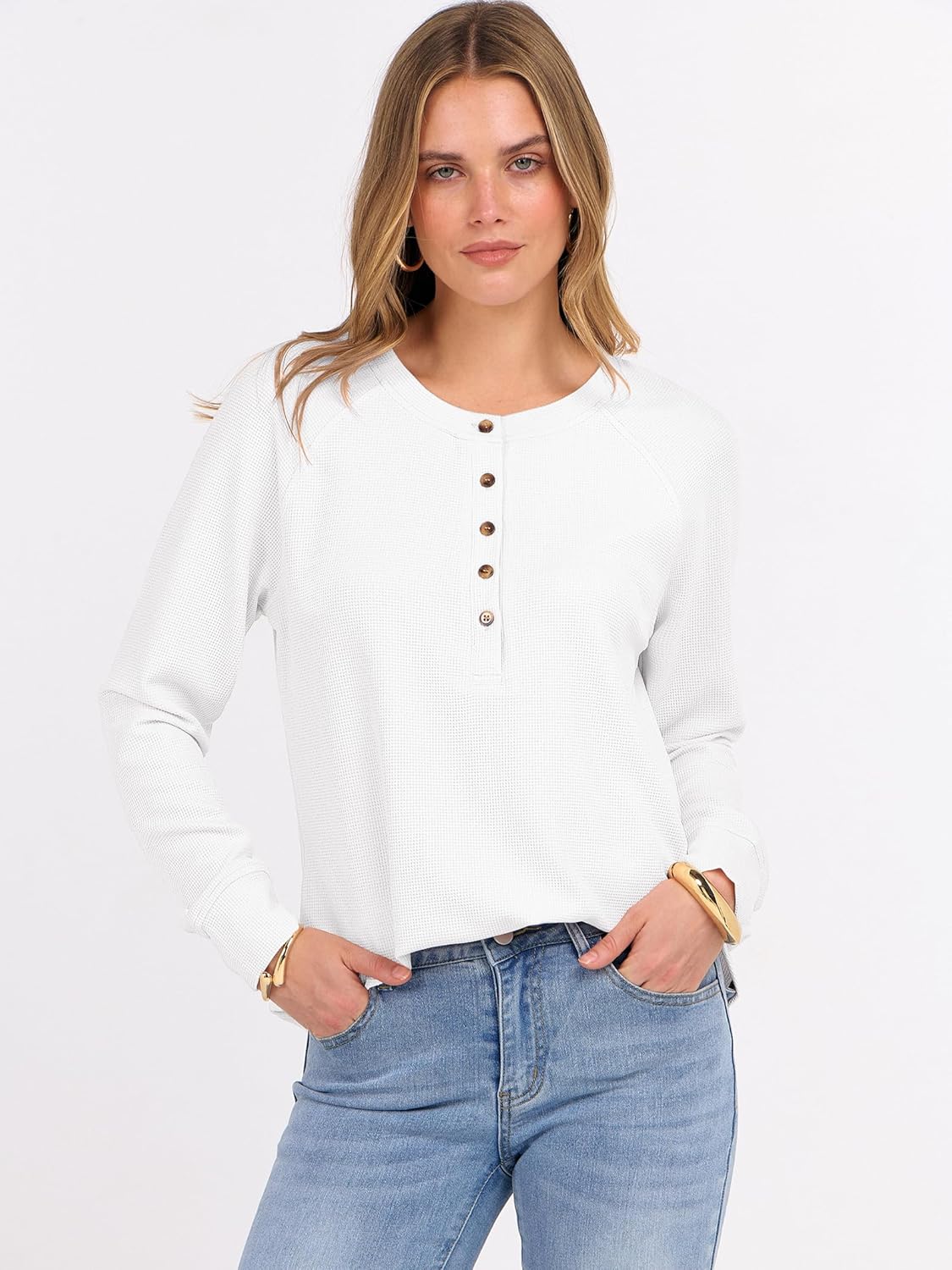 Detalle 2 de ANRABESS Women's Waffle Knit Henley Top