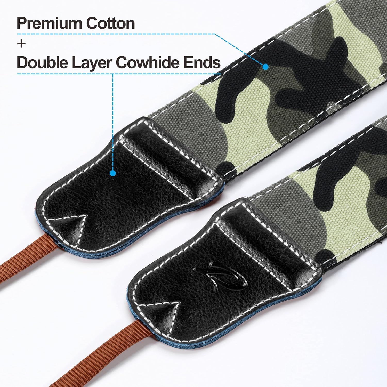 Detalle de Padwa Lifestyle Camouflage Camera Strap – 2" Wide Cowhide Ends, Vintage Embroidered Cotton Strap