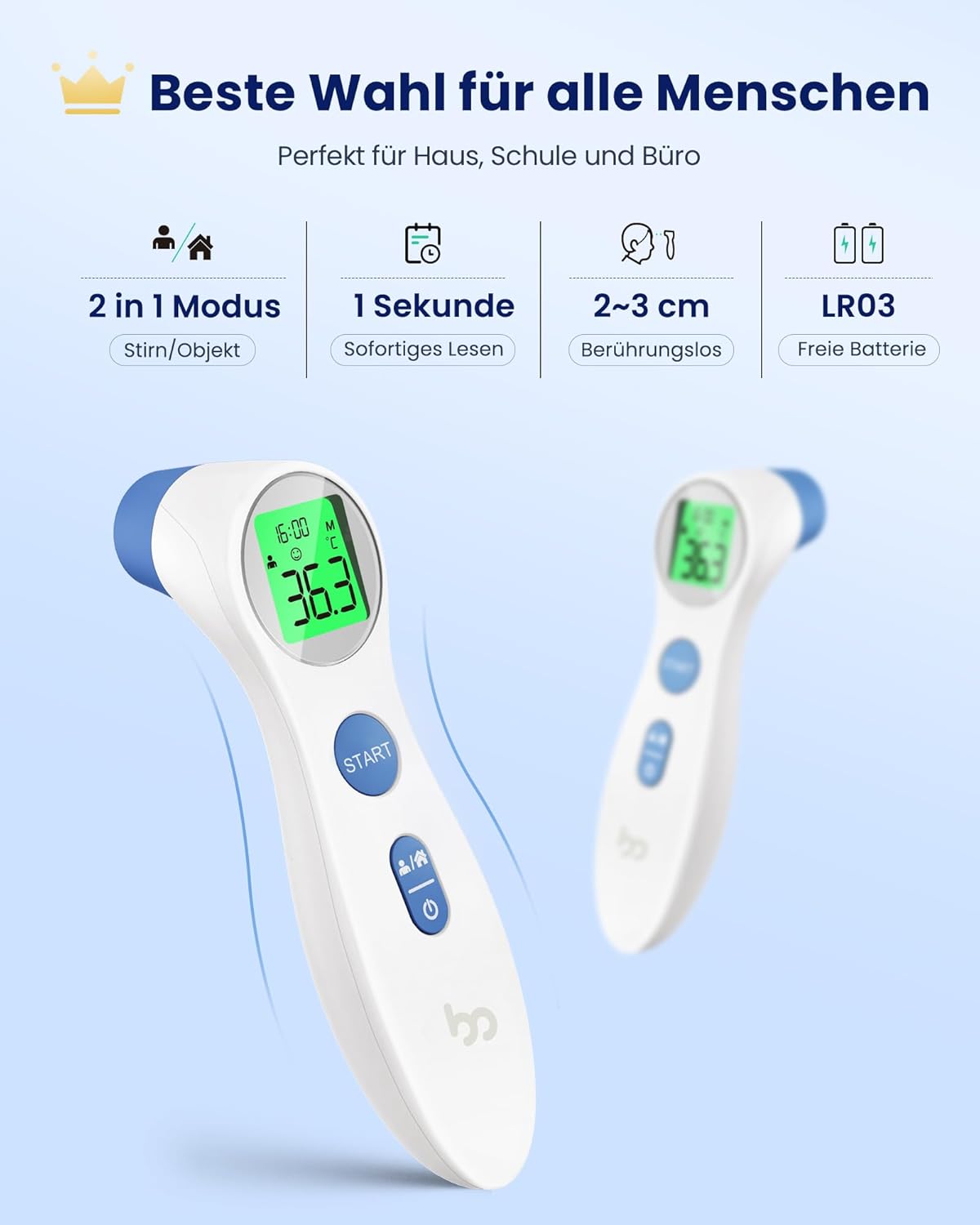 Detalle 2 de Kontaktloses Infrarot-Stirnthermometer für Babys, Kinder & Erwachsene – digitales Fieberthermometer mit Fieberalarm (weiß)