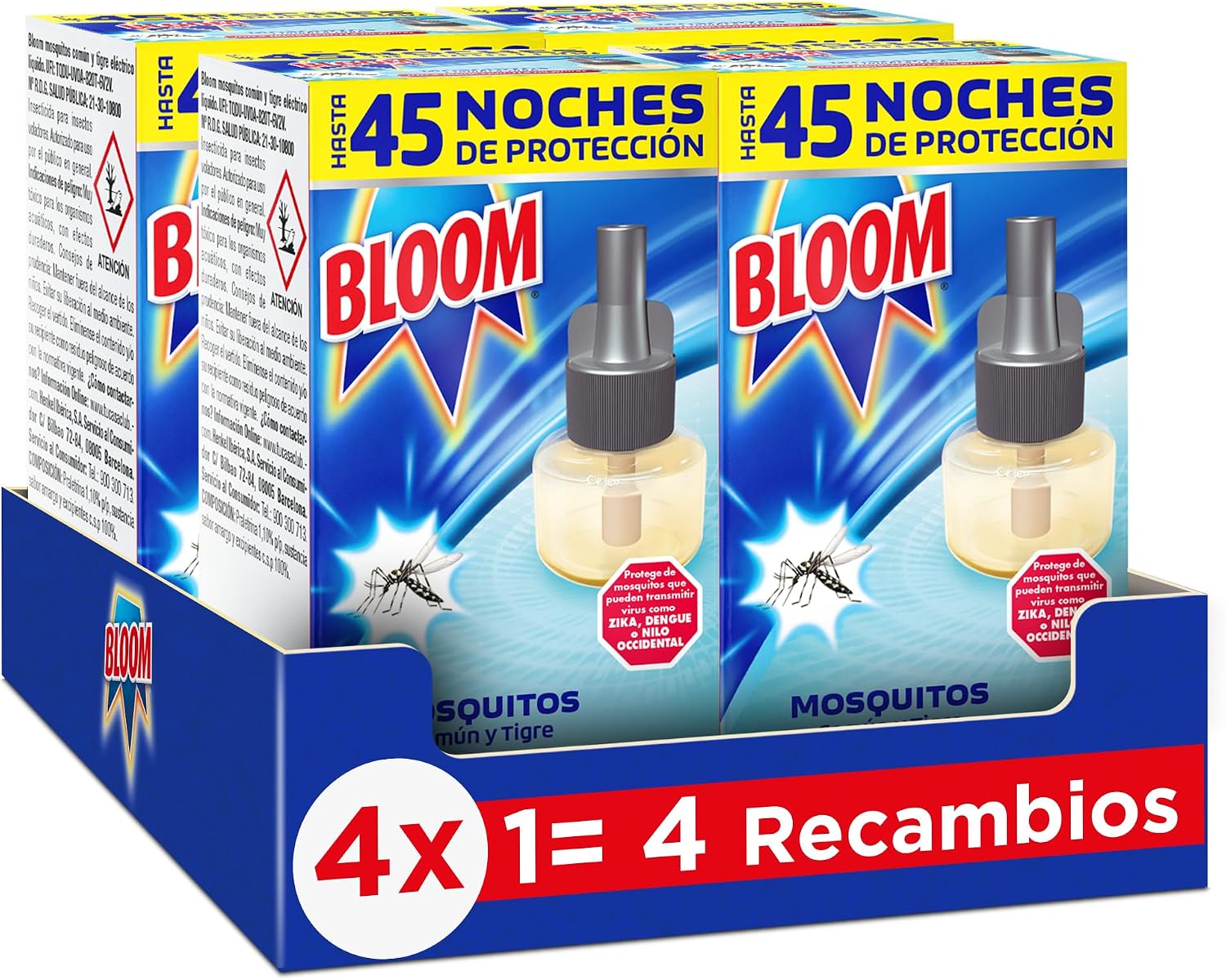 Bloom Líquido Recambio (pack 4) para insecticida eléctrico: protección 6 en 1 sin perfume para mosquitos común y tigre