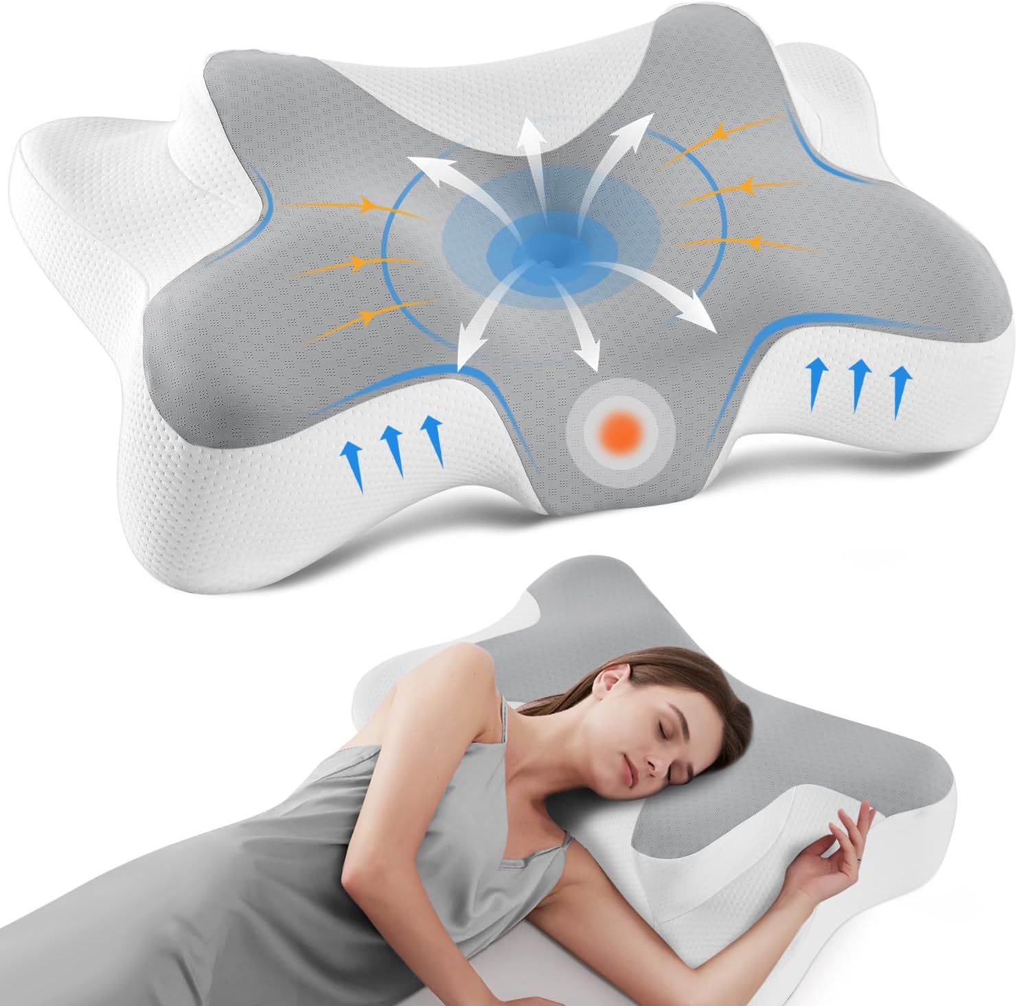 Oreiller cervical ergonomique à mémoire de forme DONAMA (66x37x13 cm) – gris blanc