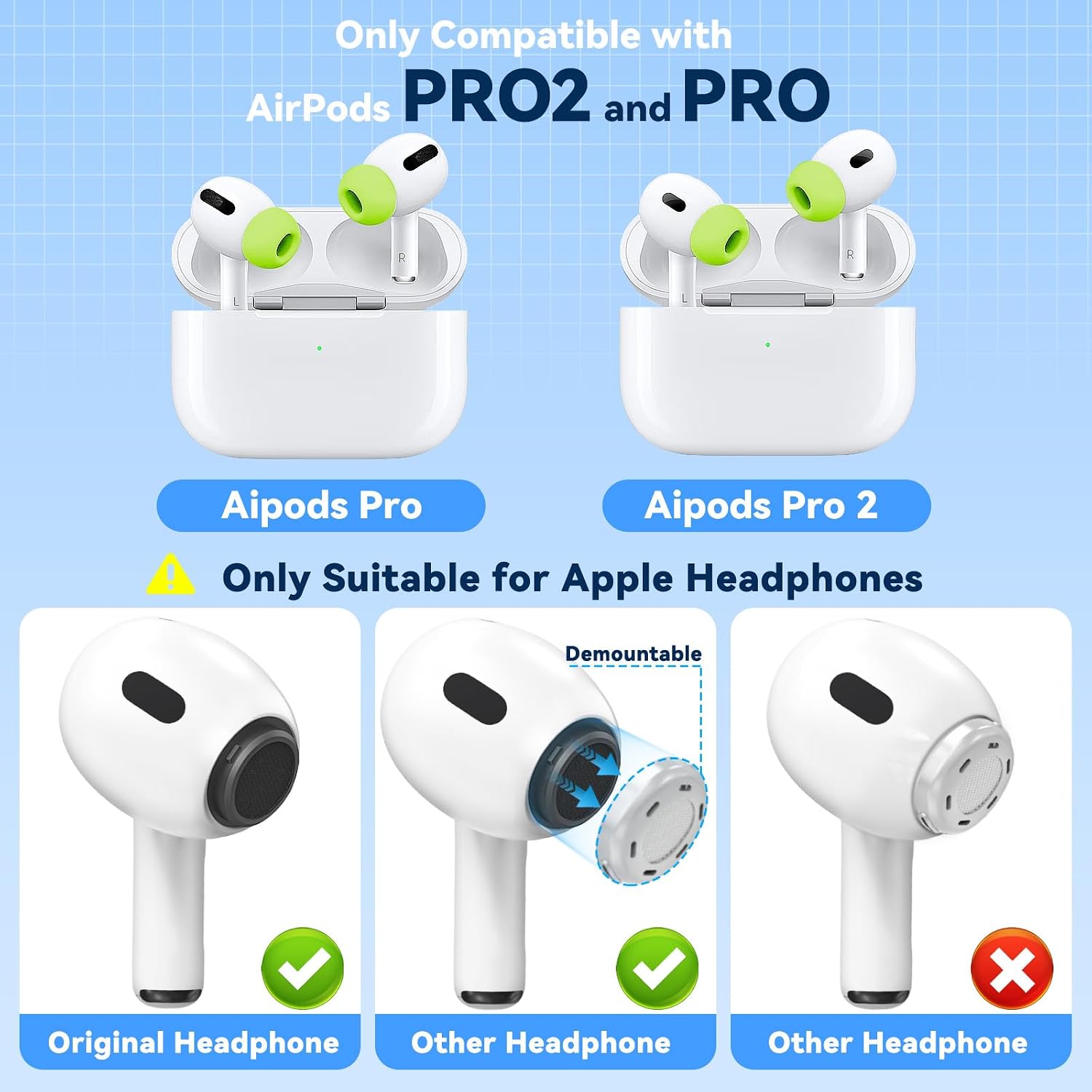 Detalle 2 de Inesore 4 Pairs Replacement Ear Tips for AirPods Pro 2nd/1st (Fluorescent Green)