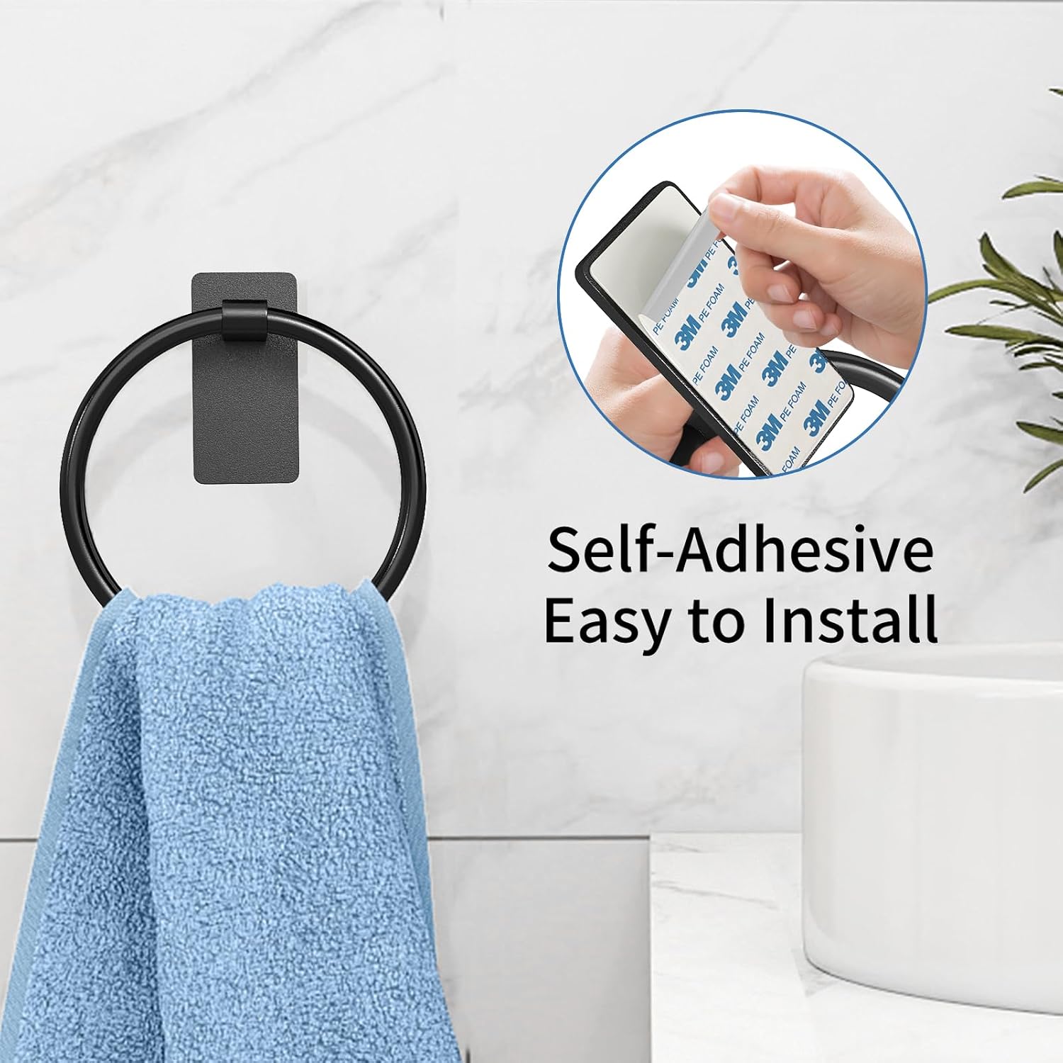 Detalle 2 de STWWO 104108011 Adhesive Towel Ring, Black Stainless Steel and Aluminum