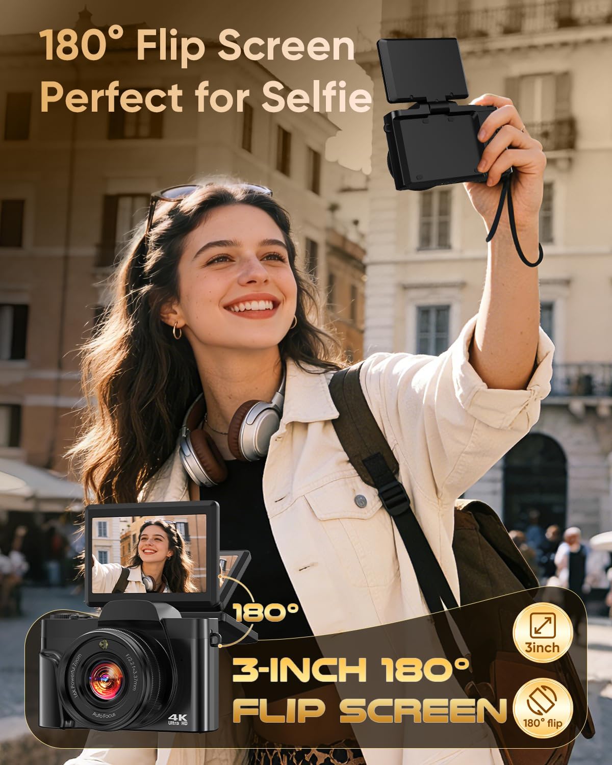 Detalle 2 de 4K Digital Camera for Photography with WiFi, 64MP Autofocus & 3" Flip Screen (16X Zoom) – Black