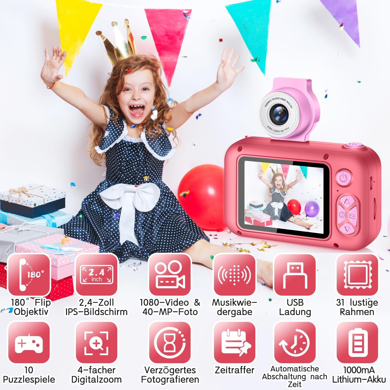 Detalle de ARNSSIEN Digitalkamera für Kinder 3–12 Jahre – 2,4" Selfie-Kamera mit 180° Drehobjektiv, 1080P, 8GB TF-Karte, 31 Bilderrahmen & 10 Puzzle-Spiele