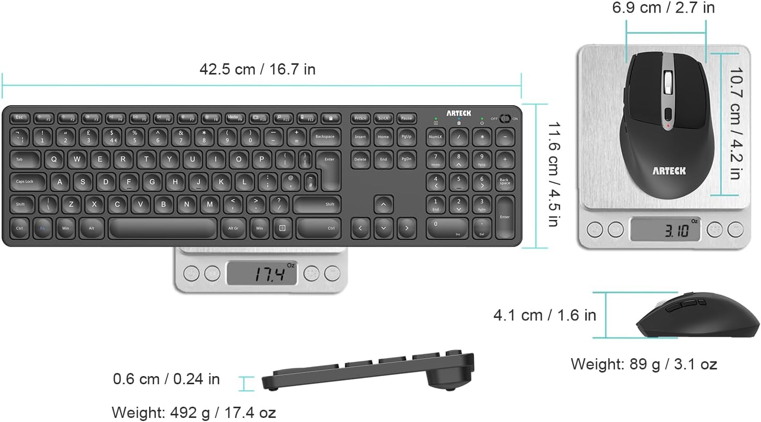 Thumbnail 5 de Arteck 2.4G Wireless Keyboard and Mouse Combo (Ultra Slim Full Size Keyboard + Ergonomic MW167 Mouse) with USB-C charging