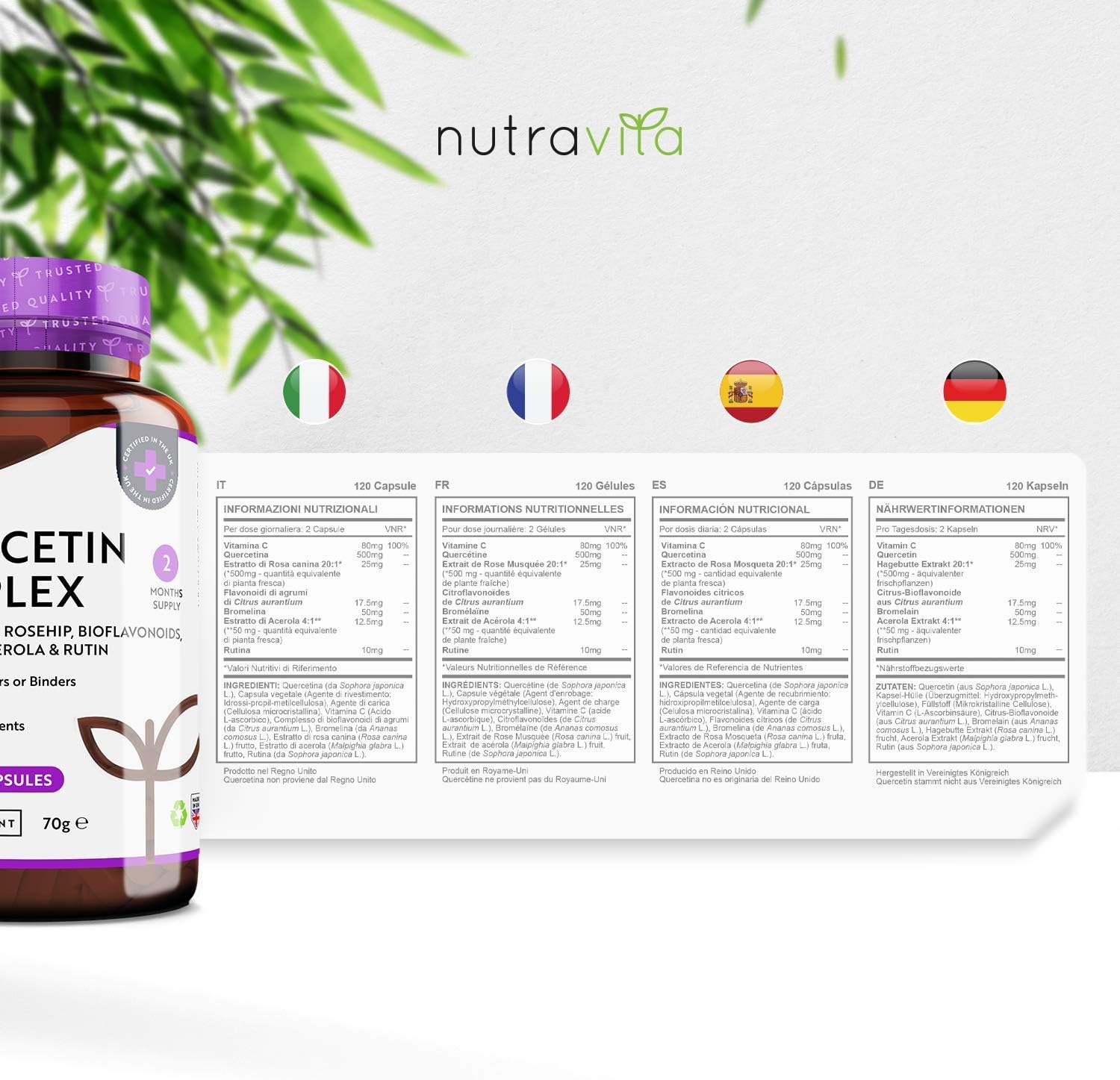 Thumbnail 6 de Quercétine 500 mg – Nutravita, 120 gélules vegan (Vitamine C 80 mg) – Extrait de fleur de cordage japonais