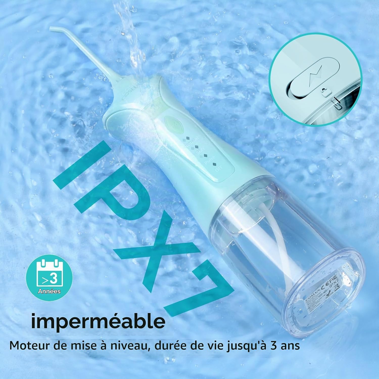 Detalle 2 de COSLUS C30(FC5360) draagbare waterflosser, 300 ml, 4 standen, groen
