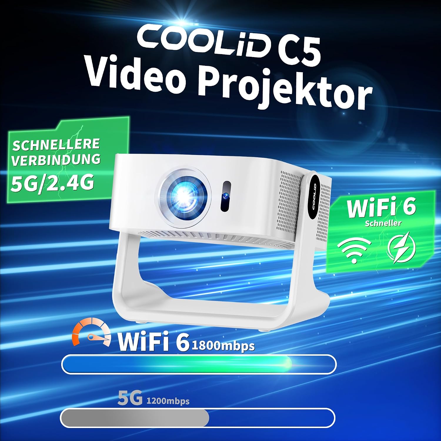 Detalle 2 de Tragbarer 4K-Beamer (1080P nativ) mit Netflix-Kompatibilität, WiFi 6 (5G Dualband) & Bluetooth 5.4 – C5 in Weiß