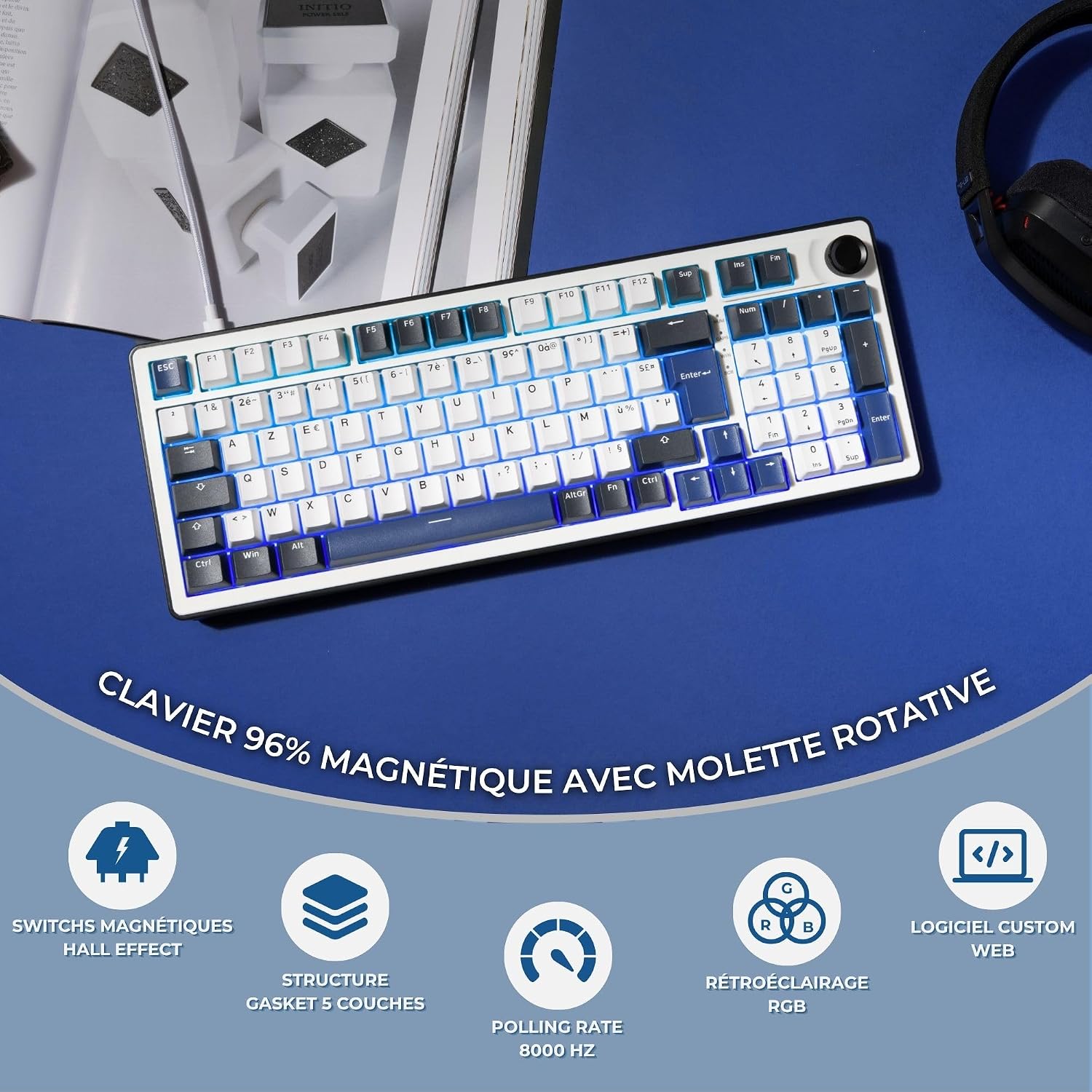 Detalle de THE G-LAB KEYZ Elite 400 HE BW – klawiatura Hall Effect 96% AZERTY FR, RGB i hot-swap