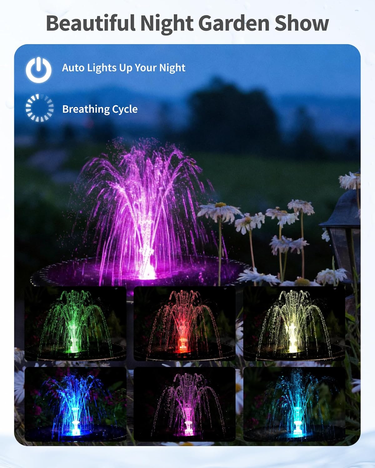 Thumbnail 3 de POPOSOAP 8W Solar Powered Water Fountain Pump with Battery Backup, LED Lights, 8 Nozzles & PVC Tubing