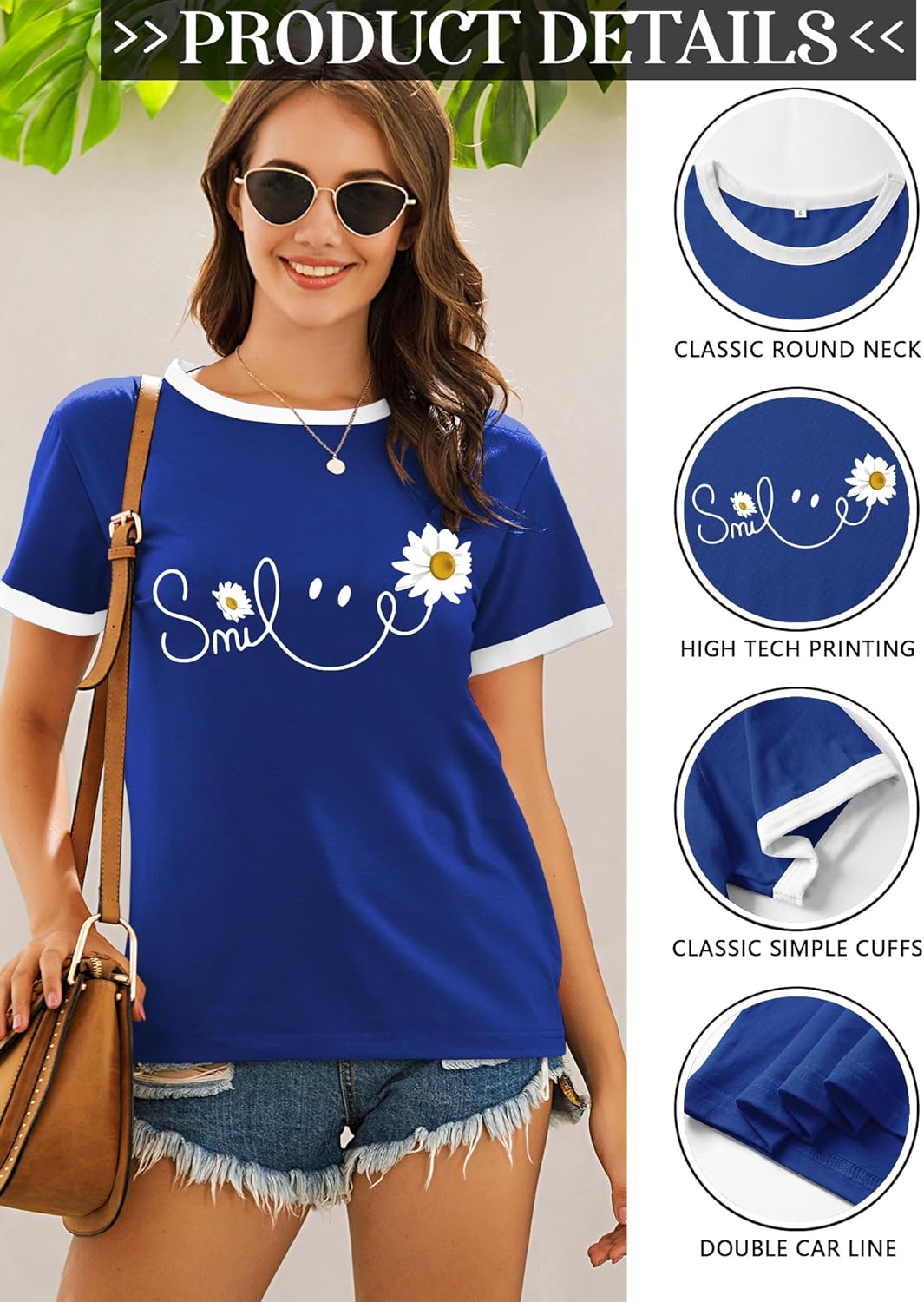 Thumbnail 4 de Yihelian Damen Kurzarm-Shirt mit Rundhalsausschnitt und „Smile“-Daisy-Print