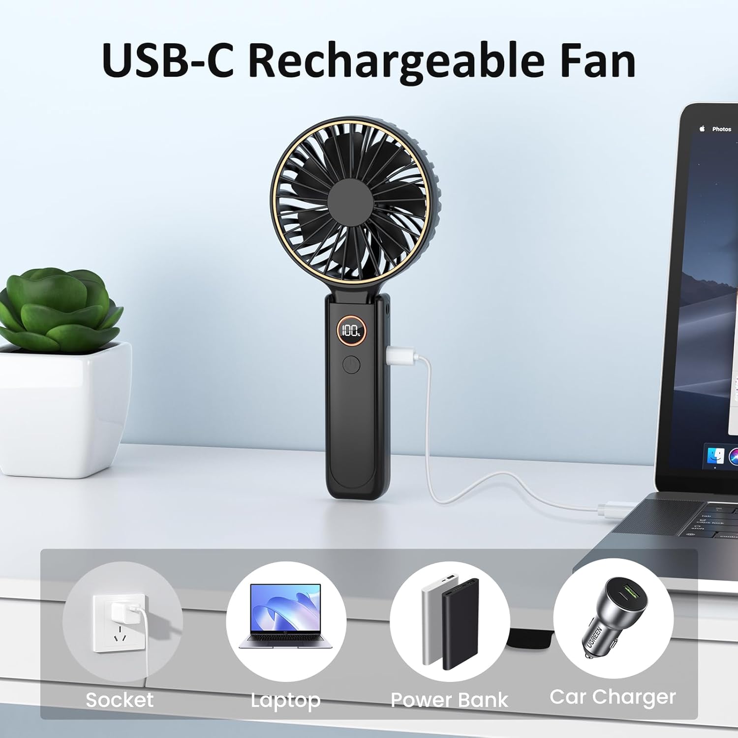 Thumbnail 6 de Rintea Hand Held Fan – 6-Speeds, 4000mAh Rechargeable Portable Fan with LED Display (Black)