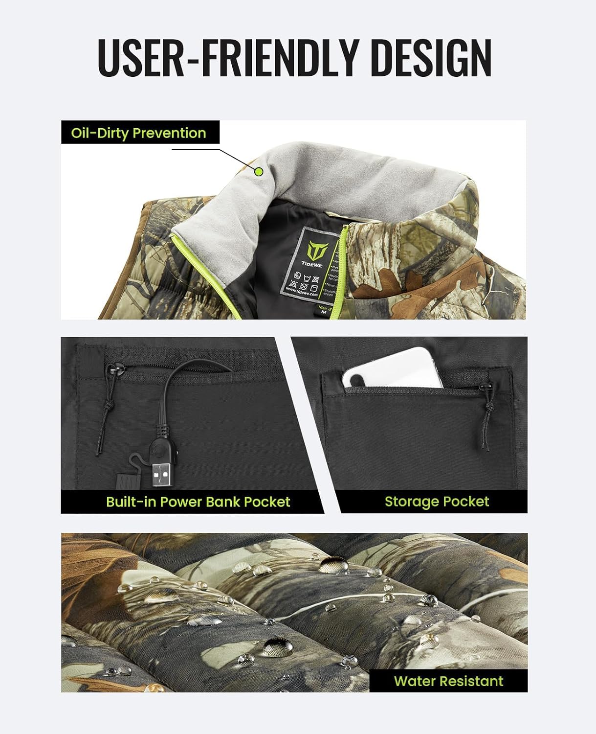 Detalle 2 de TIDEWE Heated Vest for Men, 4 Heating Zones, 3 Settings, 10,000mAh Battery Pack