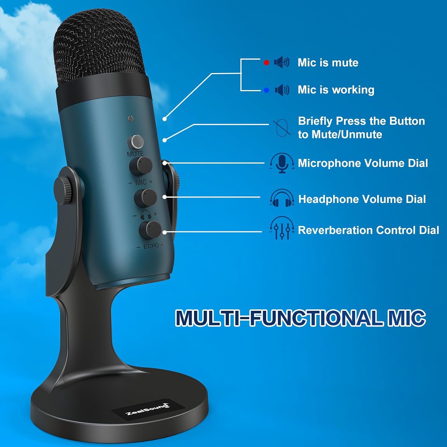 Detalle 1 de ZealSound K66 USB Condenser Microphone, Teal, with Monitoring and Echo Control