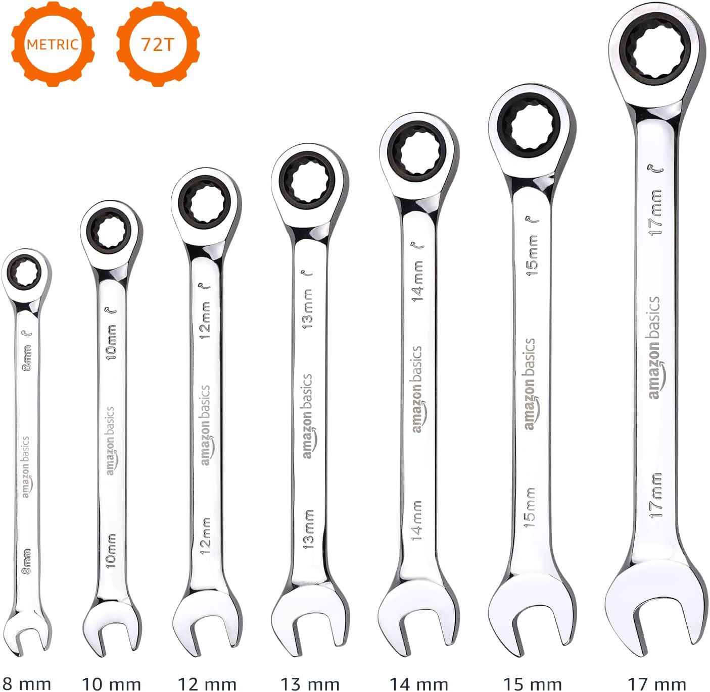 Detalle de Amazon Basics Ratcheting Wrench Spanner Set (7‑Piece, 8–17 mm) in Chrome Vanadium