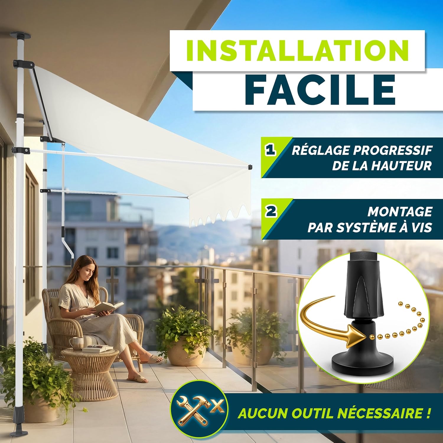 Thumbnail 2 de Store banne manuel rétractable tillvex avec manivelle pour balcon (beige, 350 cm) sans percement