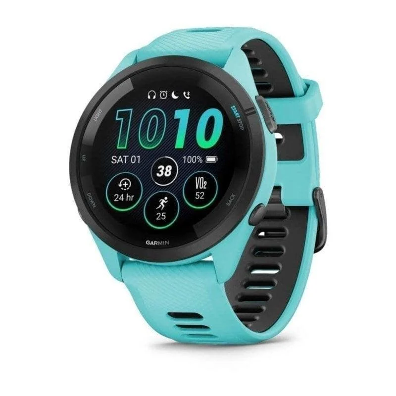 Detalle de Garmin Forerunner 265 46mm: elegancia deportiva y métricas profesionales en un reloj compacto