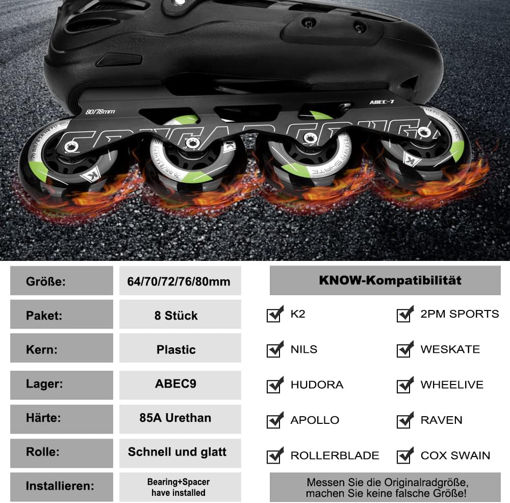Detalle 2 de Inline Skate Rollen 80/76/72mm 8er Satz