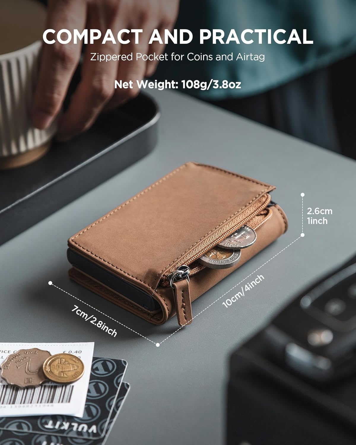Detalle de VULKIT Men’s Card Holder with Sliding Ejector, RFID Blocking & Zipper Coin Pocket