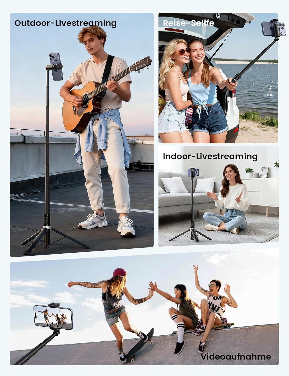 Detalle de Lamicall Handy Stativ 3-in-1: Selfie Stick mit Automatik-Öffnung und Fernbedienung – 165 cm