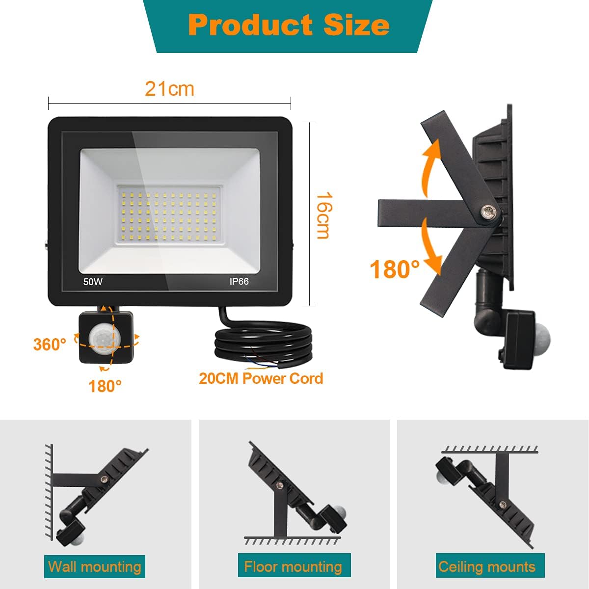 Detalle de treoir Faretto con Sensore di Movimento 50W, 5000LM – Faretto LED Esterno IP66 6000K