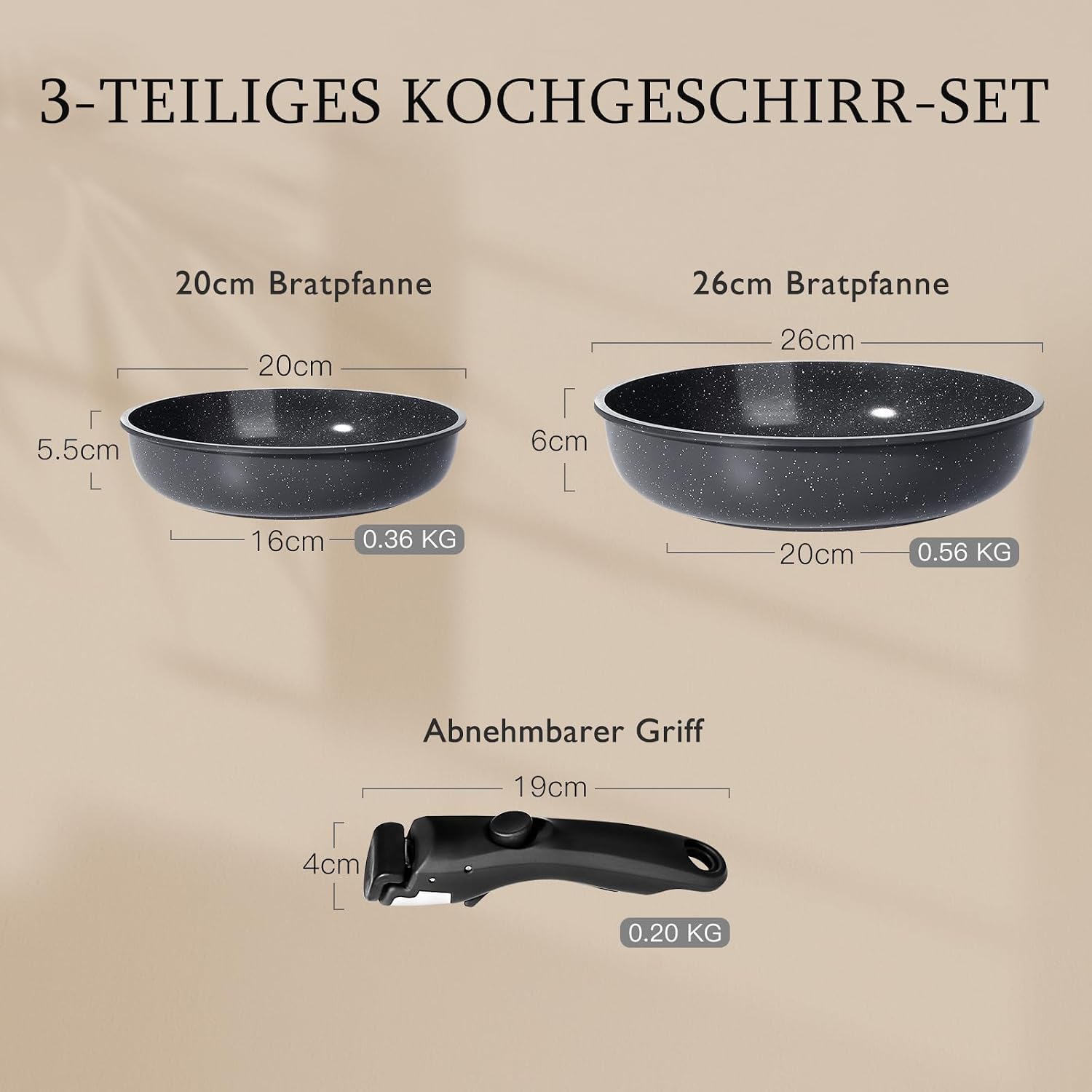 Detalle de GiPP 3-Piece Non Stick Pots and Pans Set with Detachable Handle (Grey Granite, PFOA Free)
