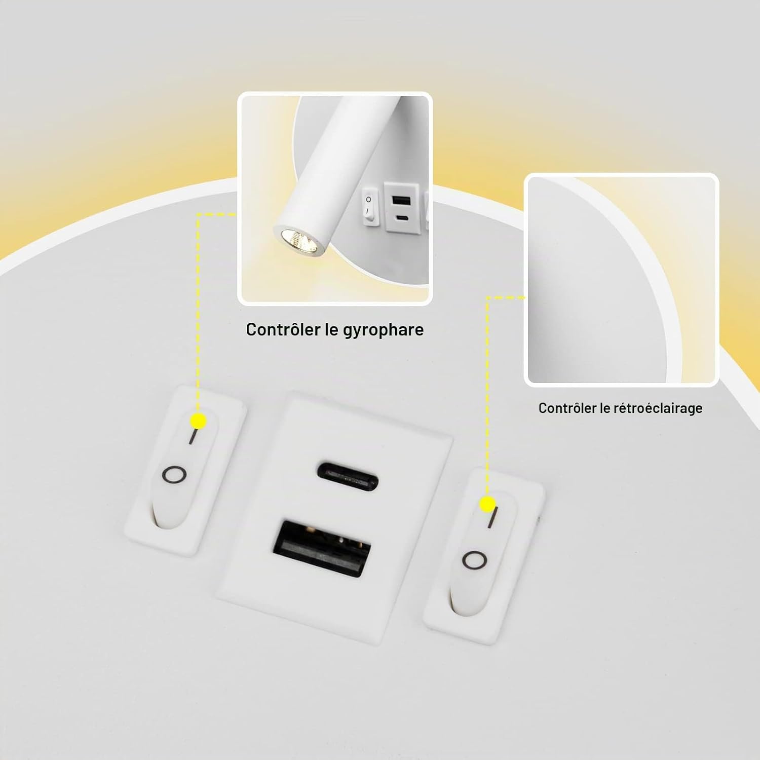 Detalle de uksunvi TC008 led-wandleeslamp met USB- en USB-C-poort, 3000 K
