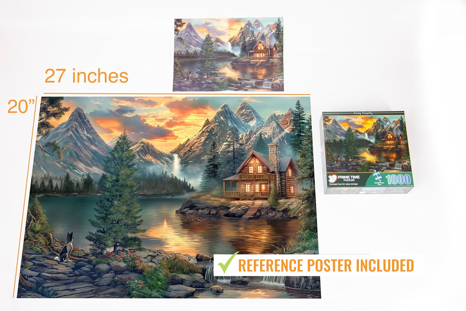 Thumbnail 4 de Prime Time Puzzles 1000 Piece Jigsaw Puzzle: Mountain Cabin by a Lake