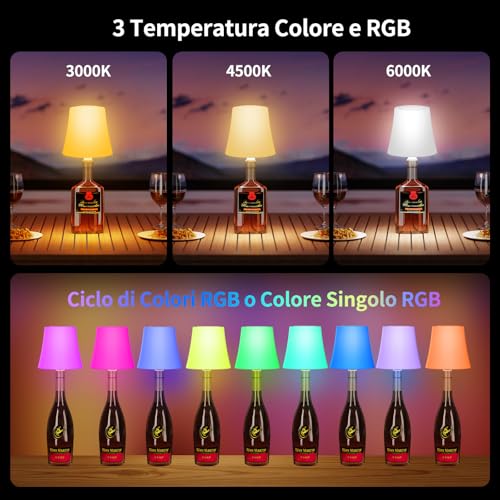 Detalle de Suright Lampada da Tavolo LED senza Fili per Bottiglia – 4000 mAh, 7 modalità, RGB