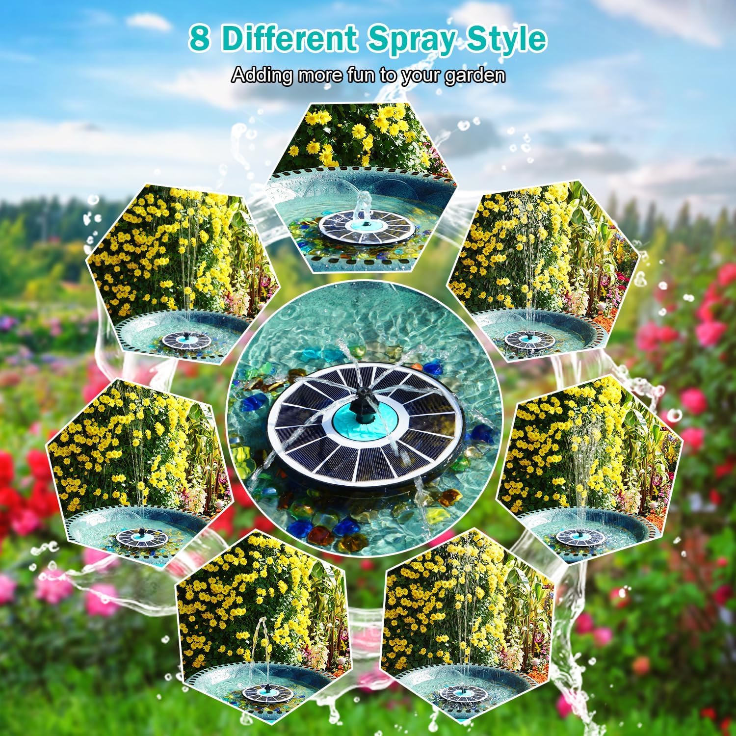 Thumbnail 1 de SZMP Solar Springbrunnen für Außen, 3.5W – 7 Düsen, 4 Verankerungsstäbe, weiß