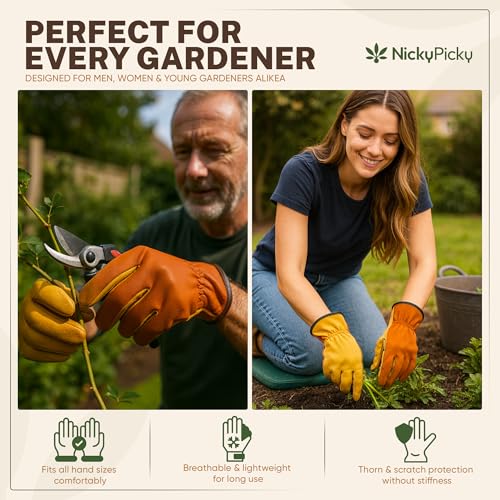 Detalle de NickyPicky Gardening Gloves for Men and Women – Thorn-Proof Leather Gloves with Excellent Dexterity