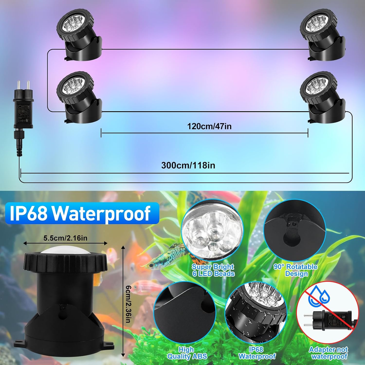 Detalle 2 de T-SUNUS Teichbeleuchtung Unterwasser RGB – 4in1 IP68, Bluetooth App Steuerung