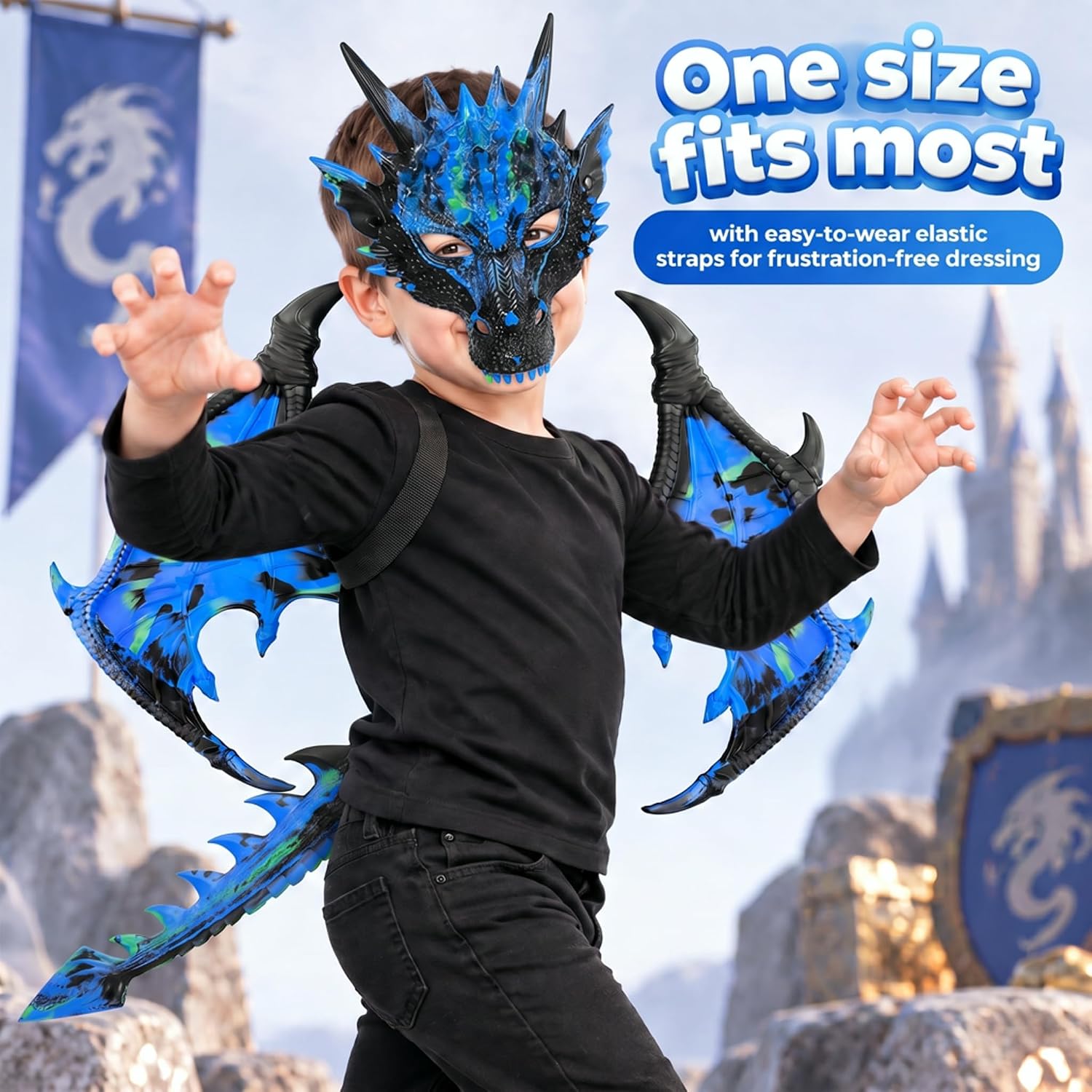 Detalle 2 de CRTEPST Dragon Costume for Kids, Sparkle Blue Mask, Wings & Tail