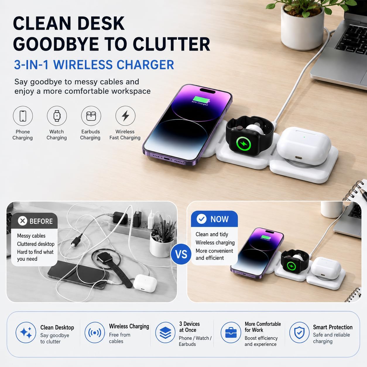Detalle 2 de 3-in-1 Wireless Charging Station, 15W