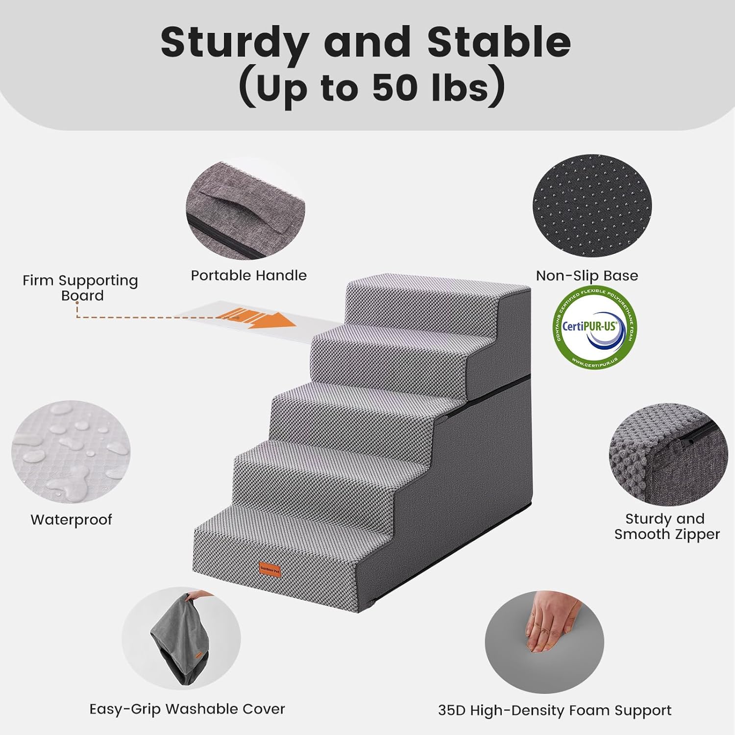 Detalle de Gardner Pet Dog Steps for Bed (58cm H) – 5-Step Extra Wide Waterproof Ramp with Non-Slip Fabric Cover and 35D Foam, Grey