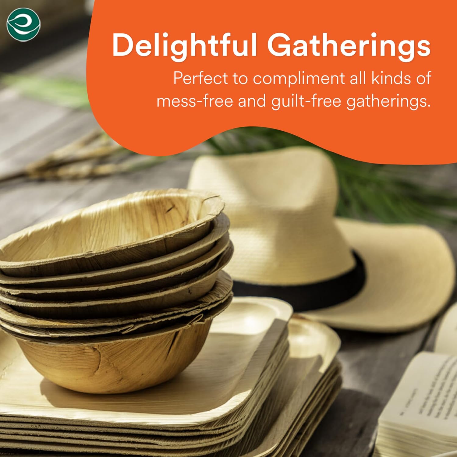 Detalle de ECO SOUL 50 Disposable Palm Leaf Bowls, 6 inch (16oz / 475ml) compostable round bamboo-style bowls