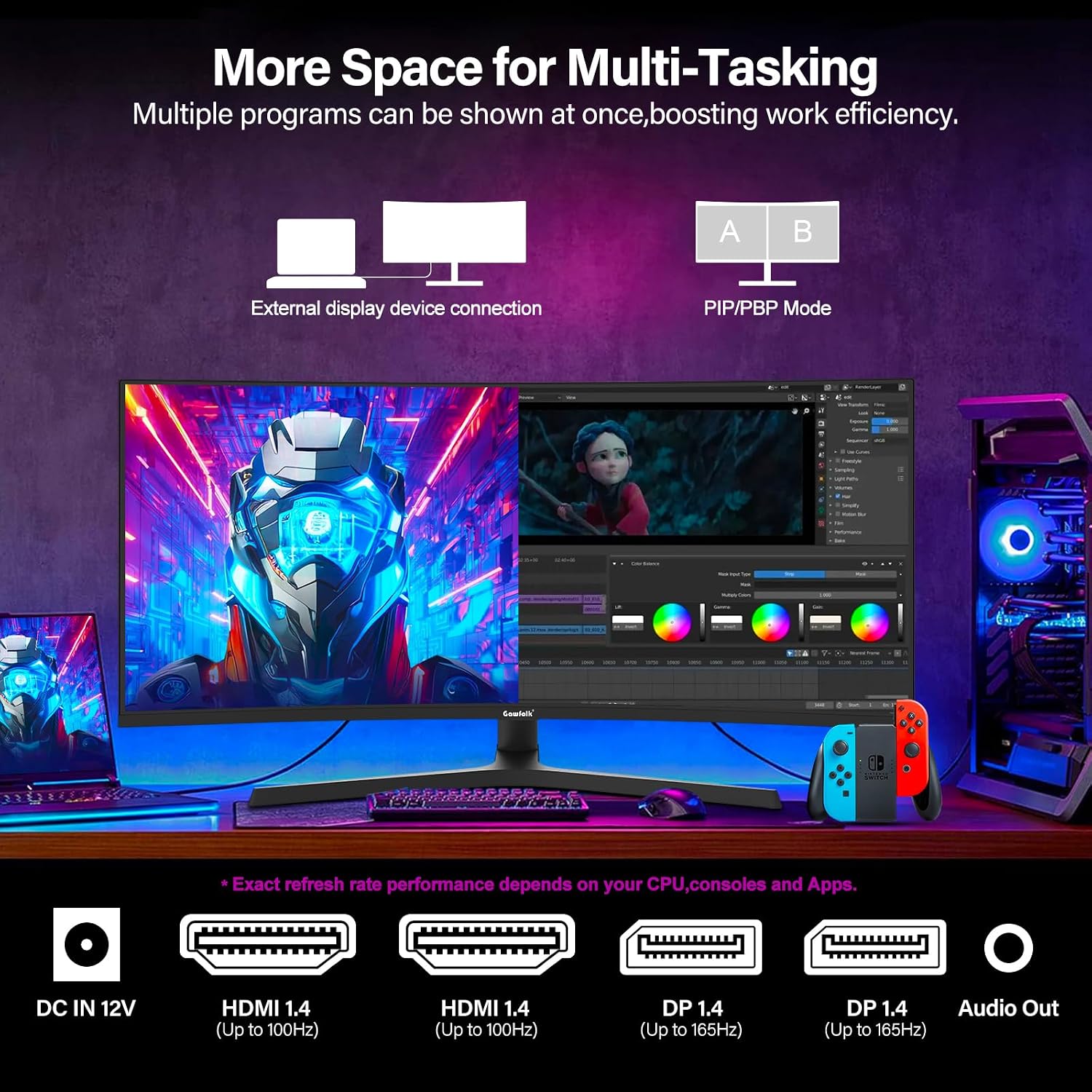 Detalle de Gawfolk 34-Zoll Curved Ultrawide Gaming-Monitor (3440×1440, 165 Hz, 1500R) mit VA-Panel und Höhenverstellung